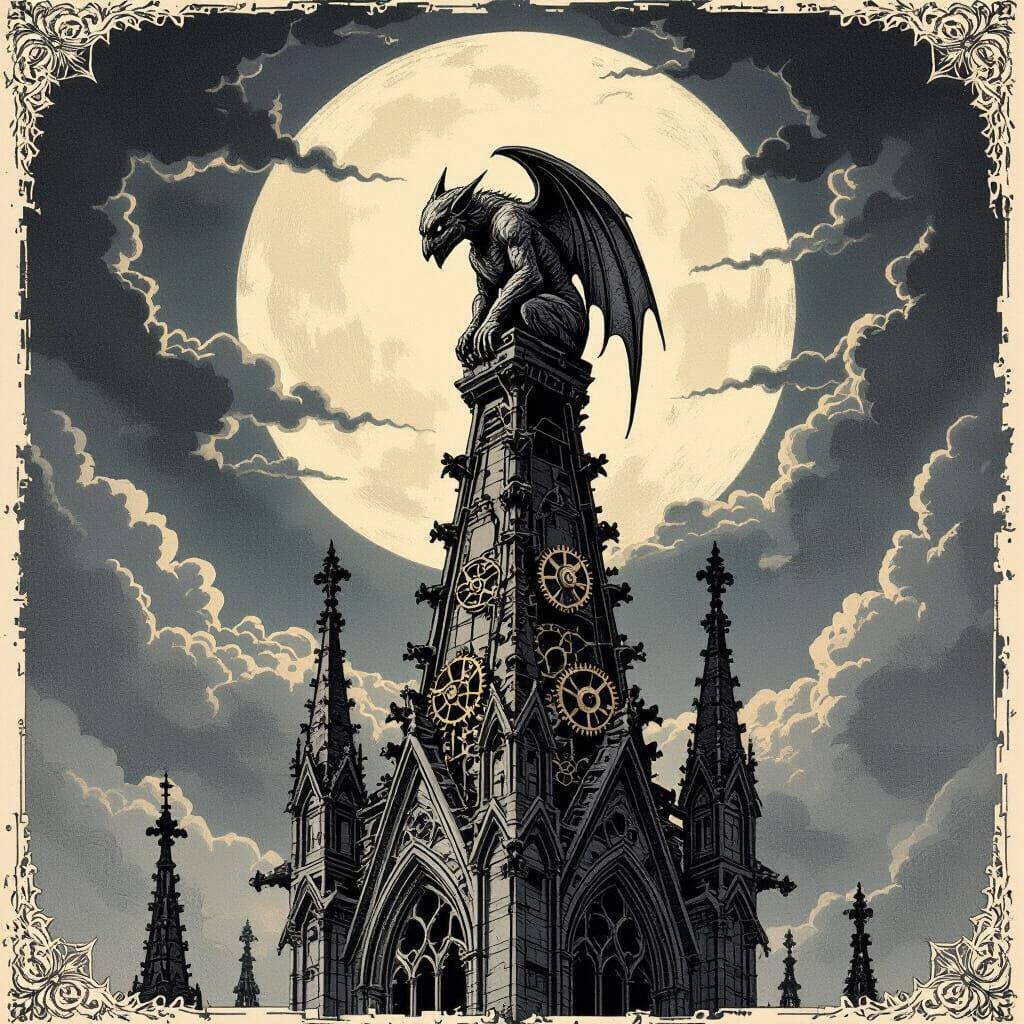 Gothic Gargoyle on Cathedral Spire in Engraving Style