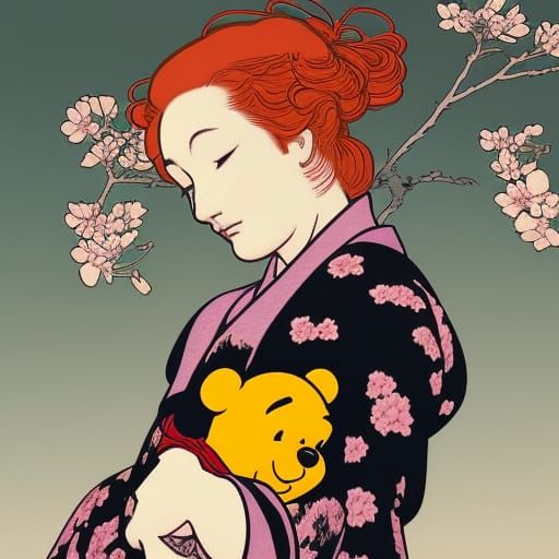 Celtic Girl with Pooh in Hokusai Block Print