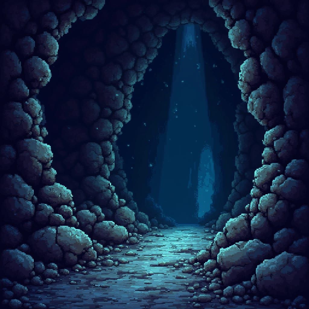 Mysterious Cave Entrance in 8-bit Pixel Art