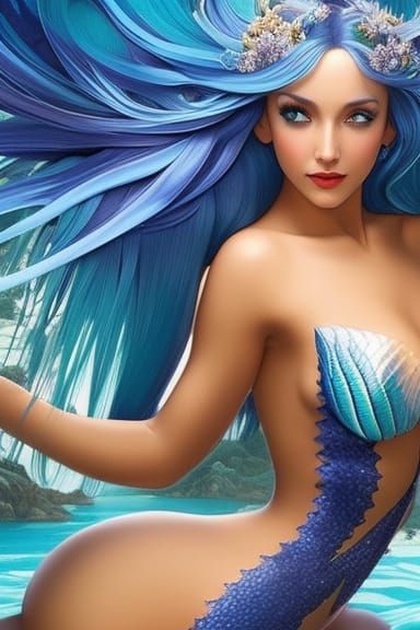 Blue Mermaid Portrait in Expressionist Style