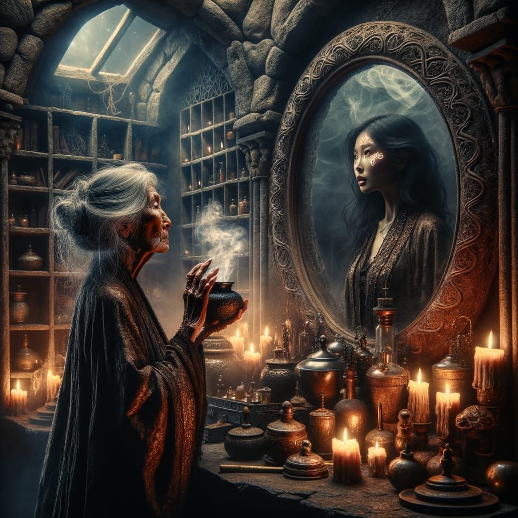 Elderly Witch's Reflection: Young Woman in Magical Mirror