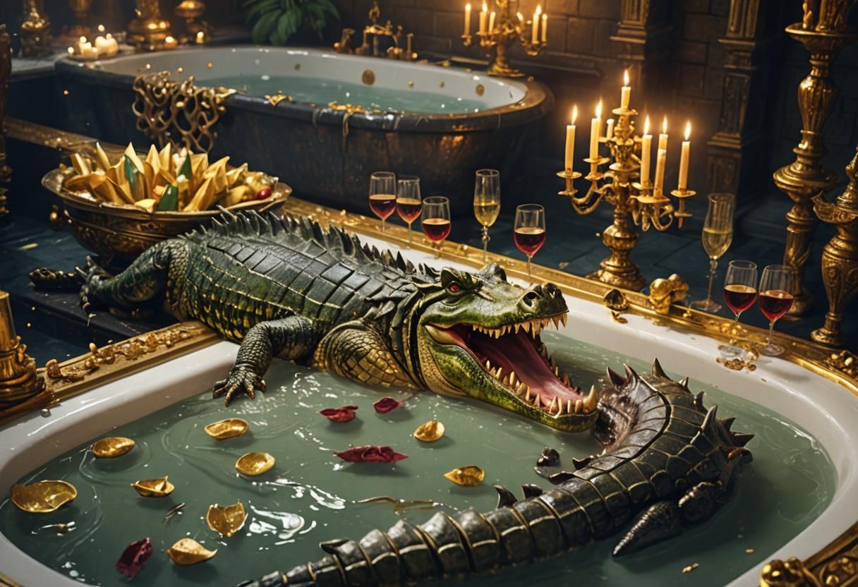 Crocodile Warrior Enjoying Luxurious Bath in Fantasy Art