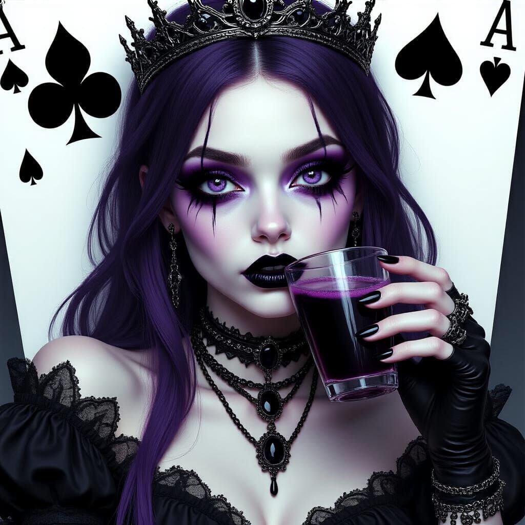 Gothic Model with Purple Makeup Sipping Drink