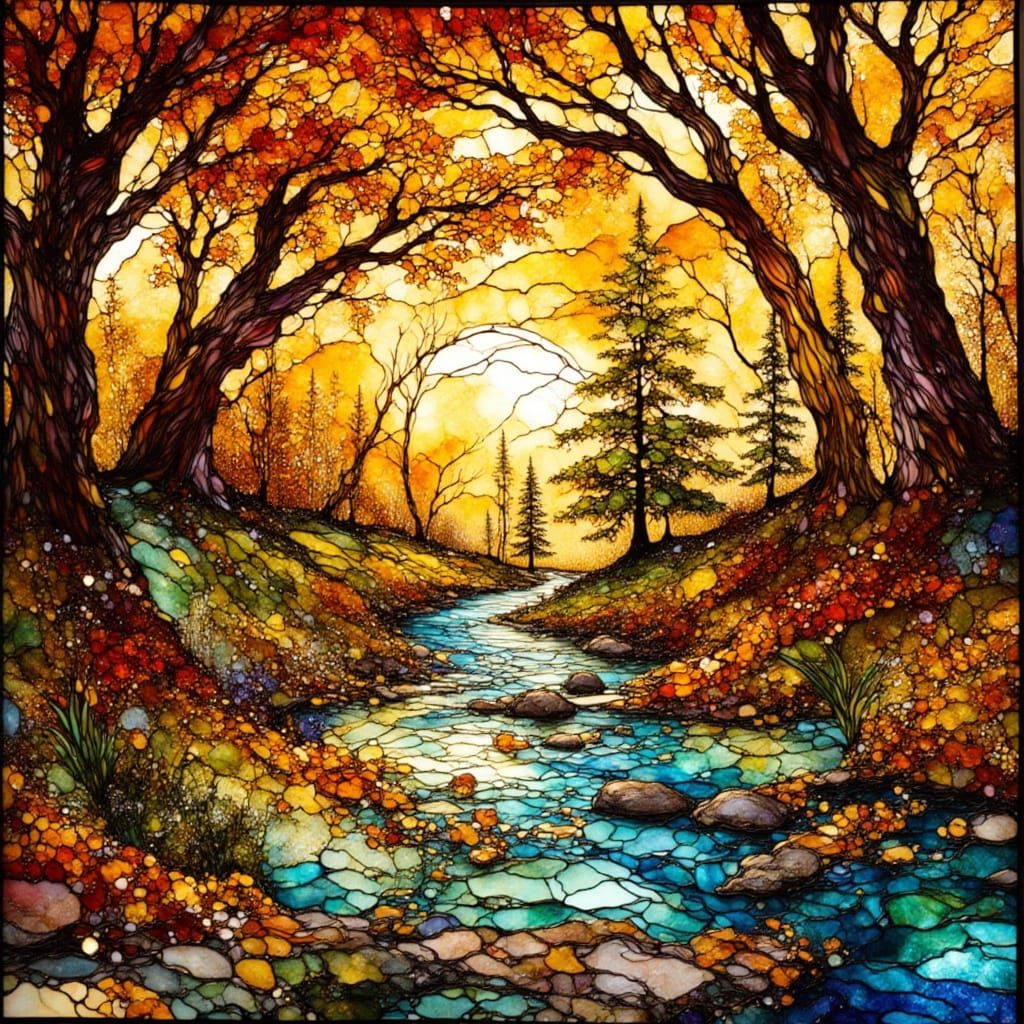 Stained Glass Fall Landscape with Luminous Colors