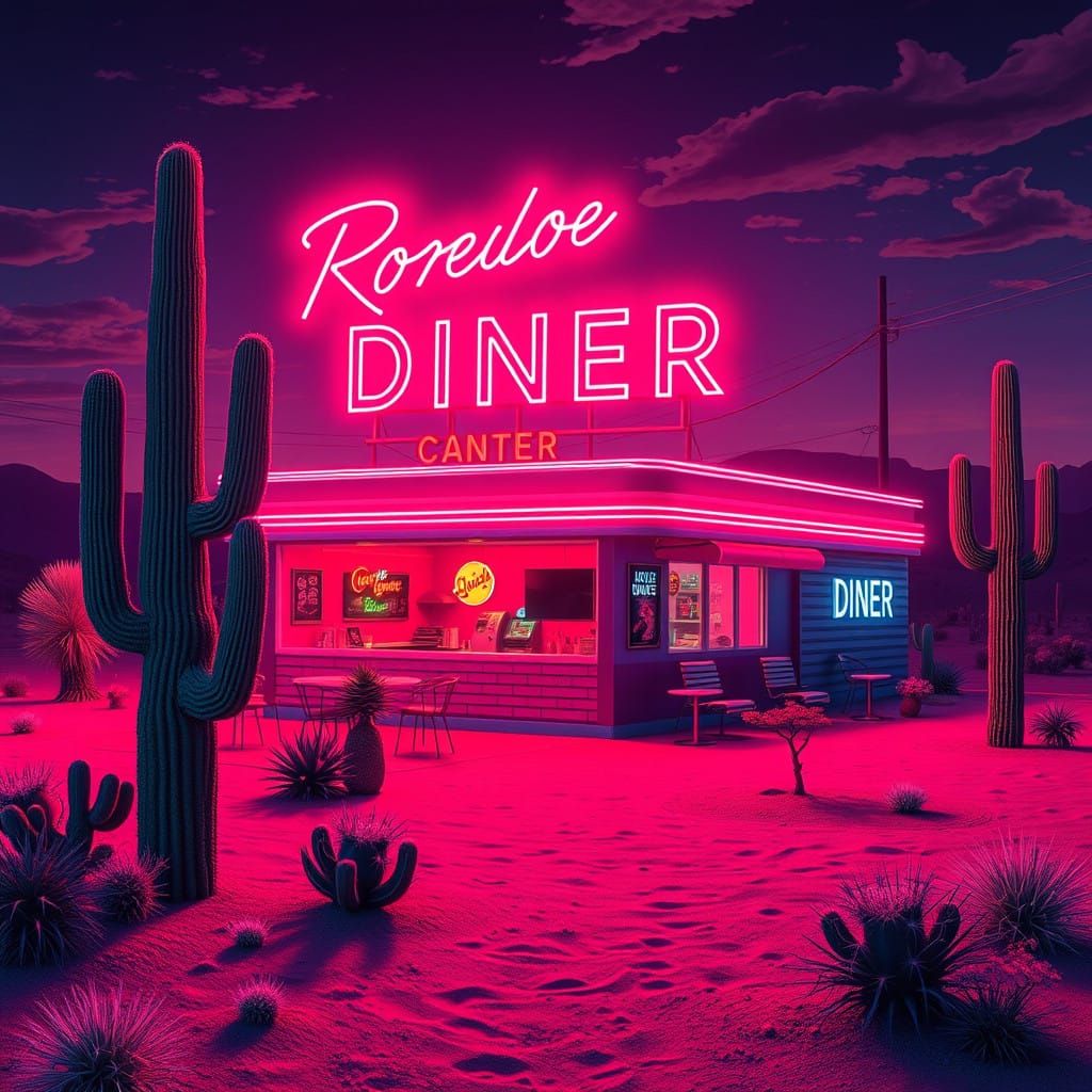 Neon Rockabilly Oasis Glows in the Desert Night