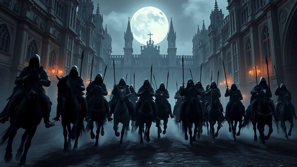 Midnight Knights Ride into Battle Beneath a Full Moonlit Cat...