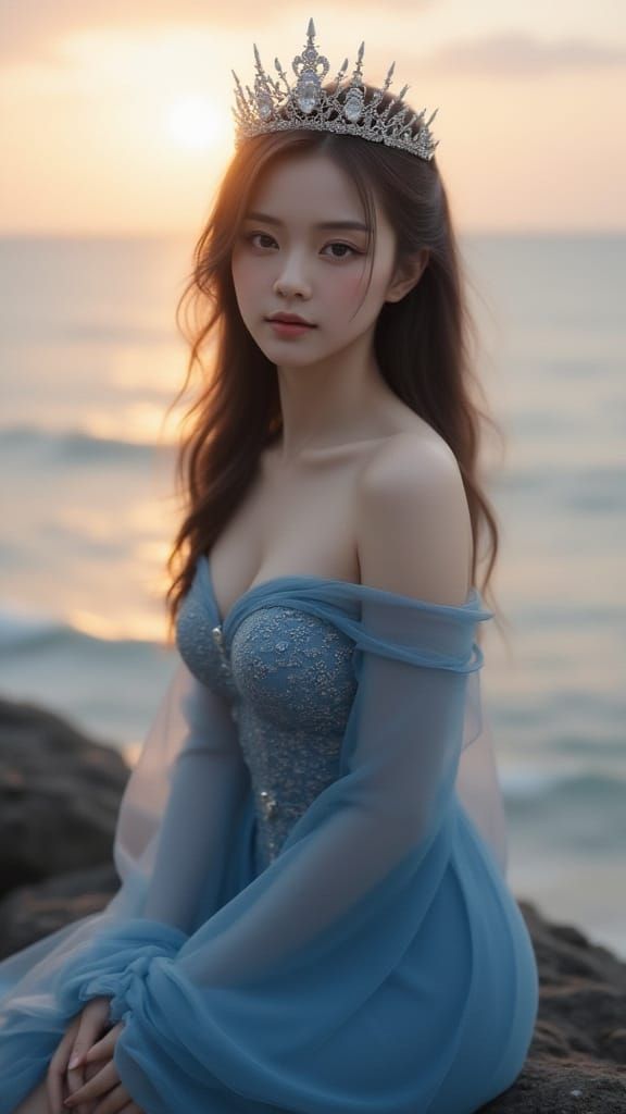 Ethereal Asian Woman in Ornate Gown by Sunset Ocean