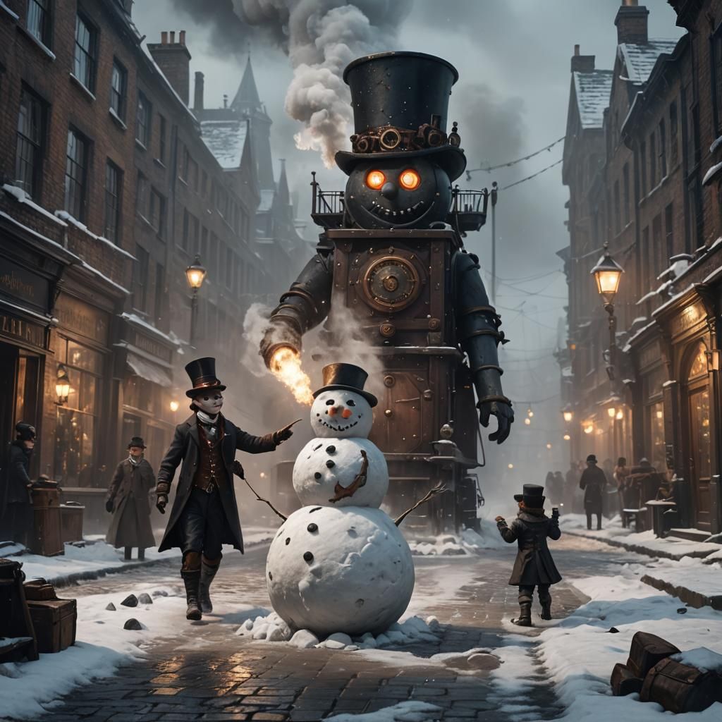 Steampunk Snowman in Victorian London: Digital Art