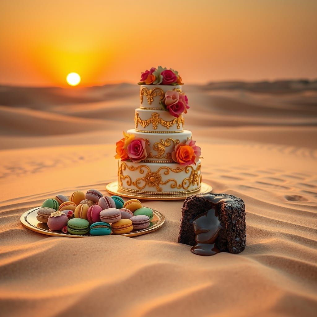 Opulent Dessert in Desert Landscape at Sunset