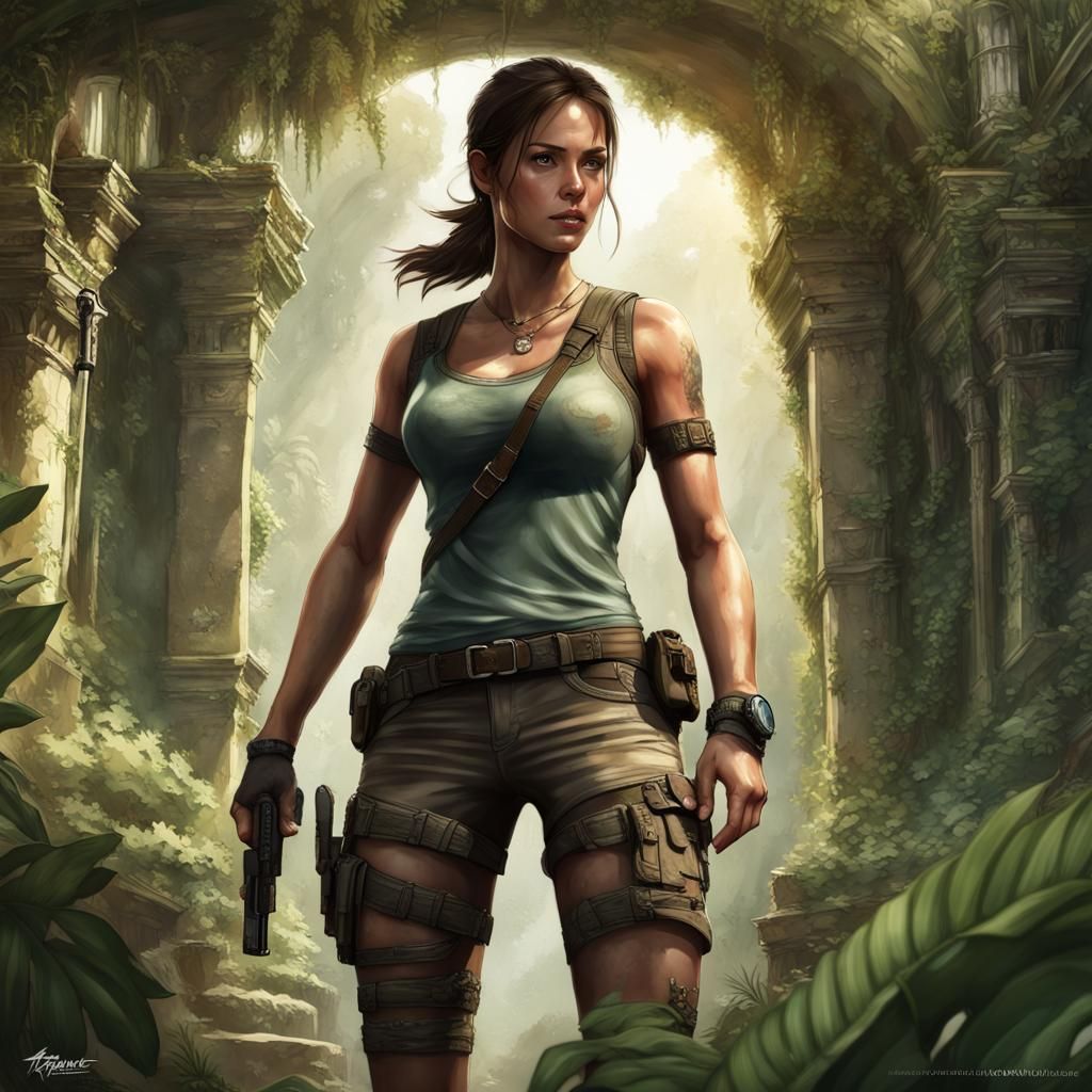 Lara Croft in Overgrown Temple, Digital Illustration
