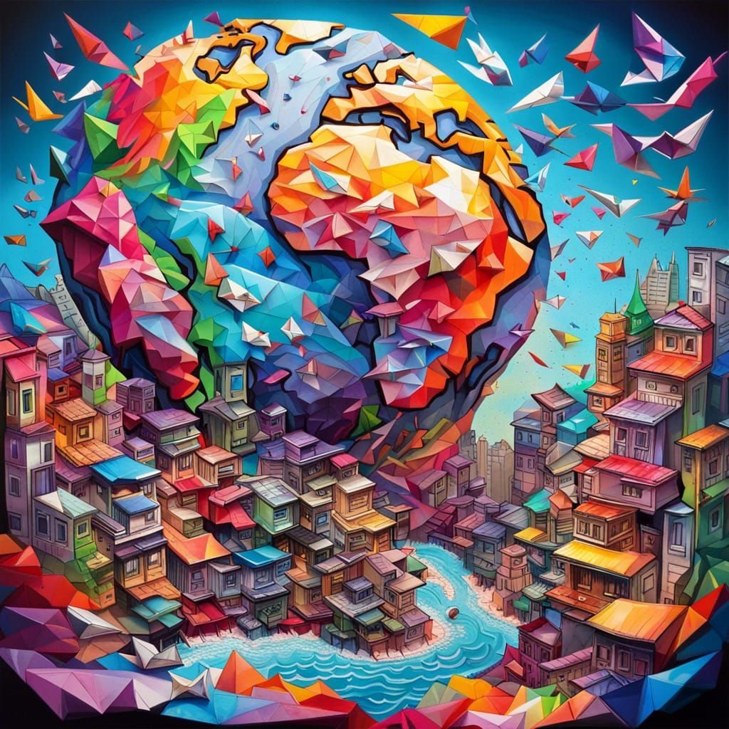 Origami World in Colorful Graffiti Art Style