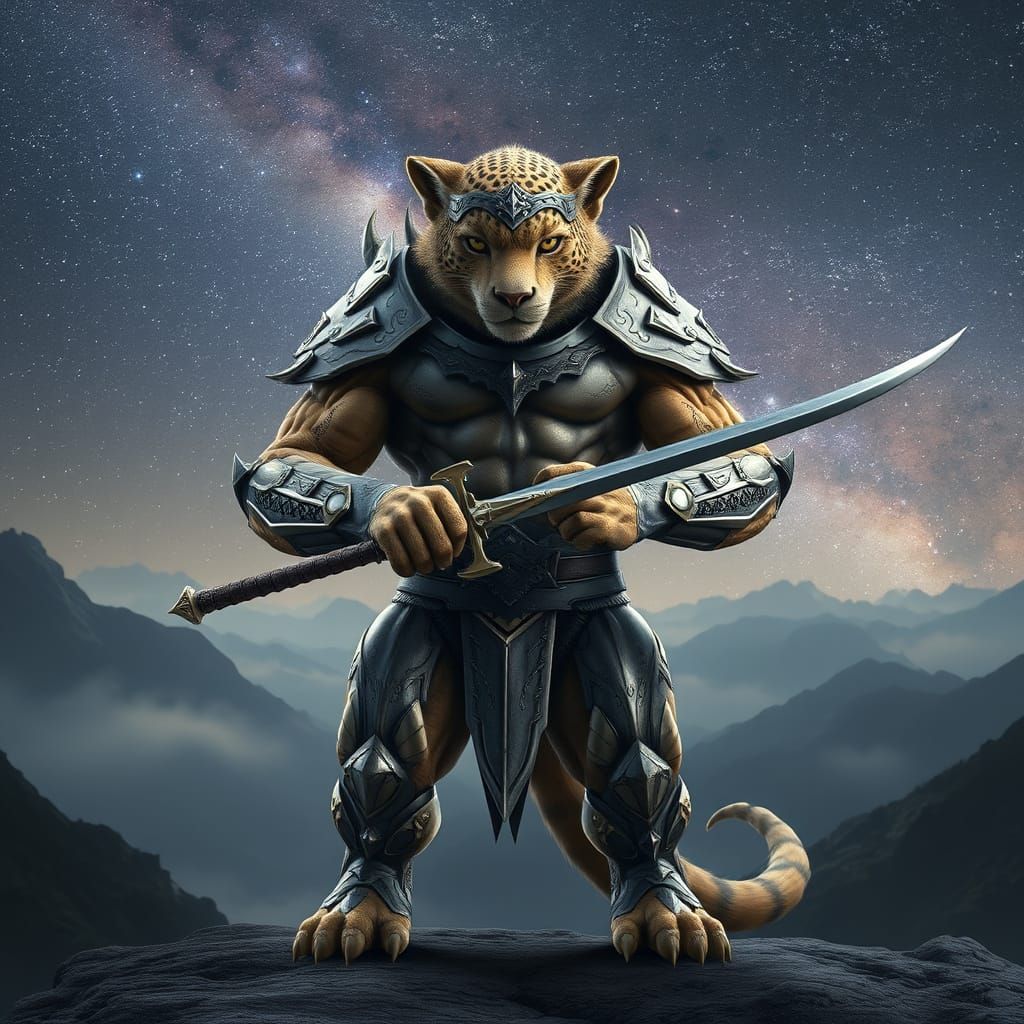 Majestic, Bipedal Leopard Creature in Hyperrealistic Fantasy...