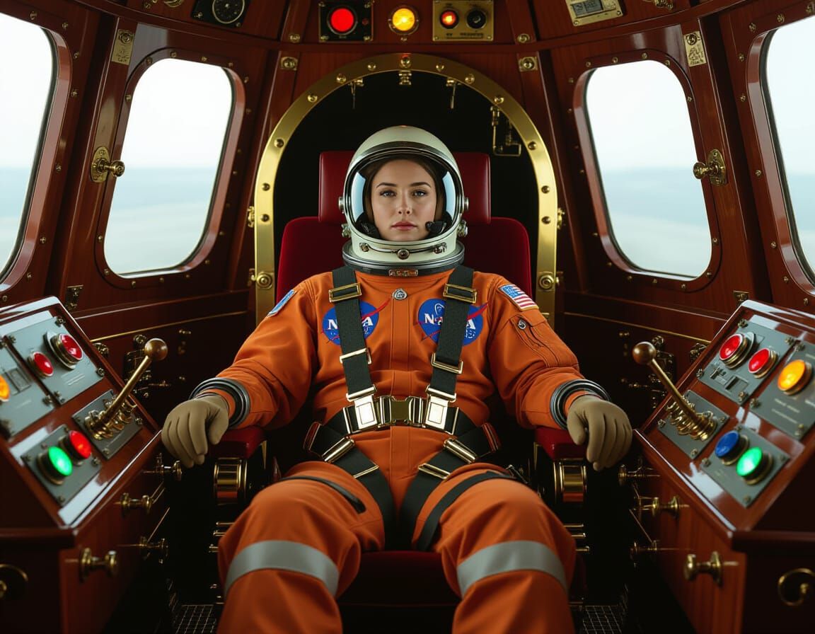 Retro NASA Pilot in Spacecraft, Syd Mead Style