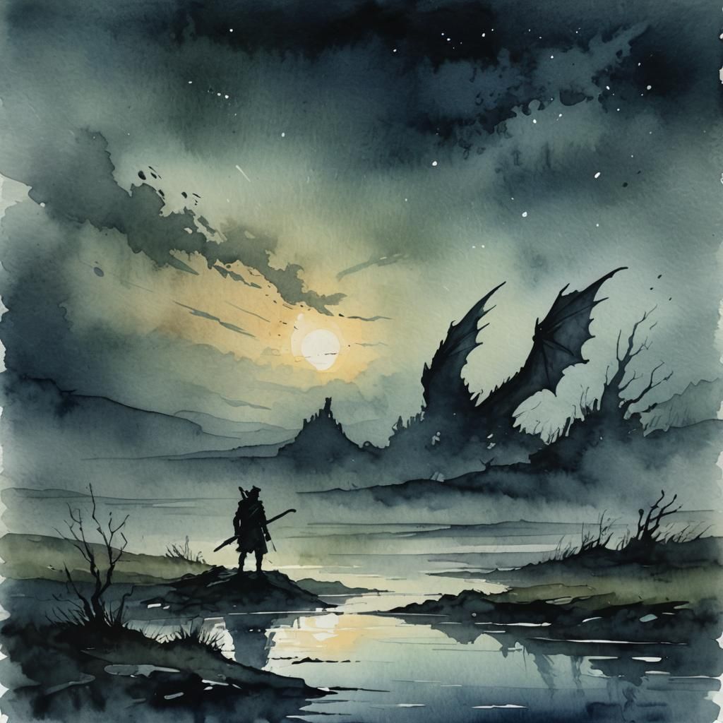 Humanoid Fen Wyvern Silhouette in Watercolor Style