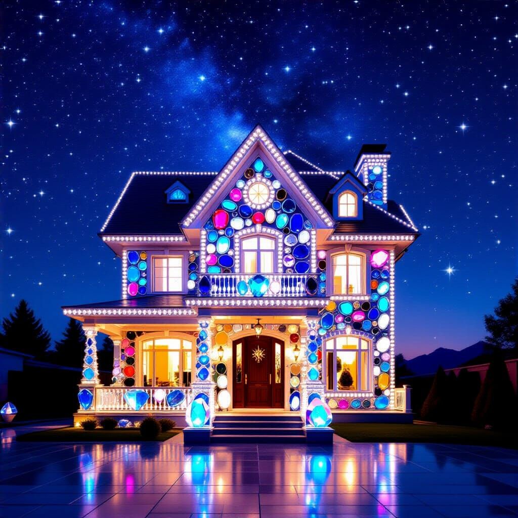 Crystal Gemstone House Under Starry Night Sky