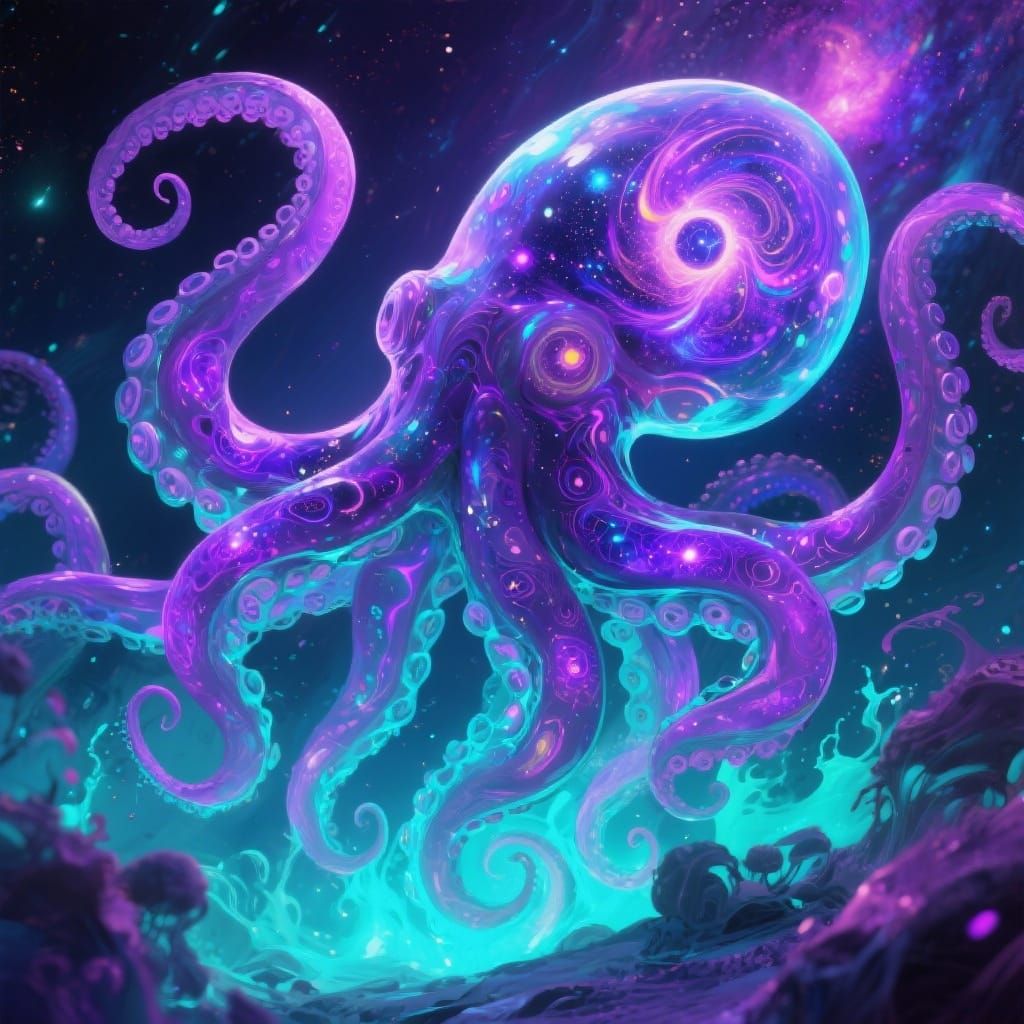 Giant Galaxy Octopus in Neon Purple and Teal