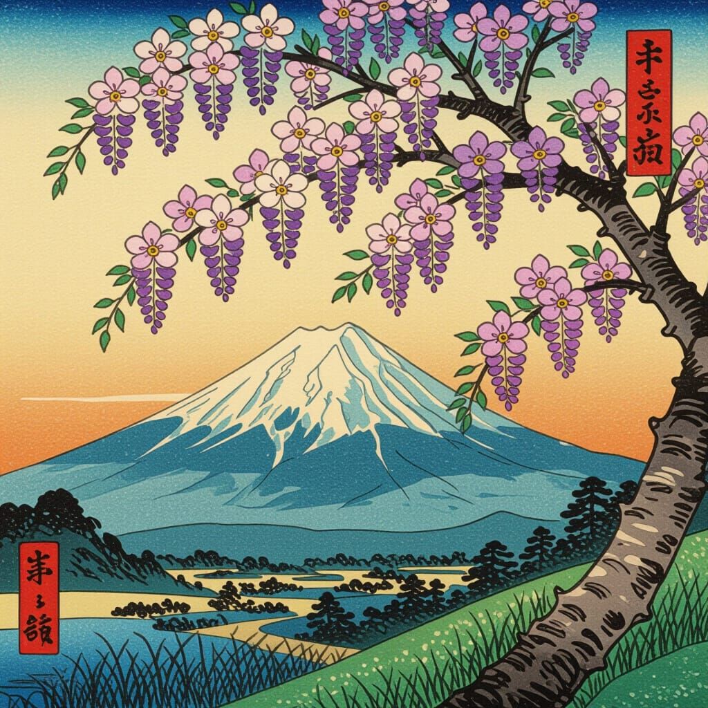 Wisteria Blossoms in Spring Sun: Ukiyo-e Inksplash