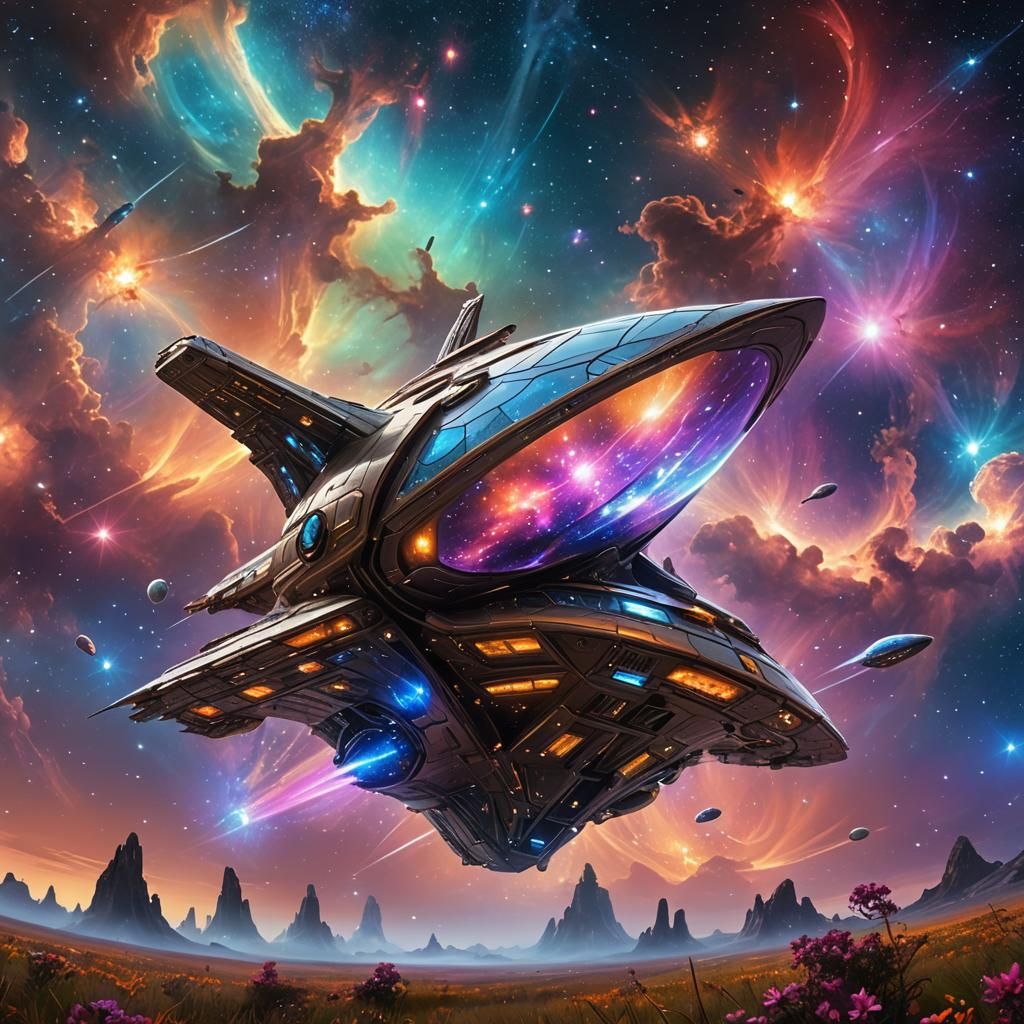 Futuristic Seed Starship in Colorful Nebulas
