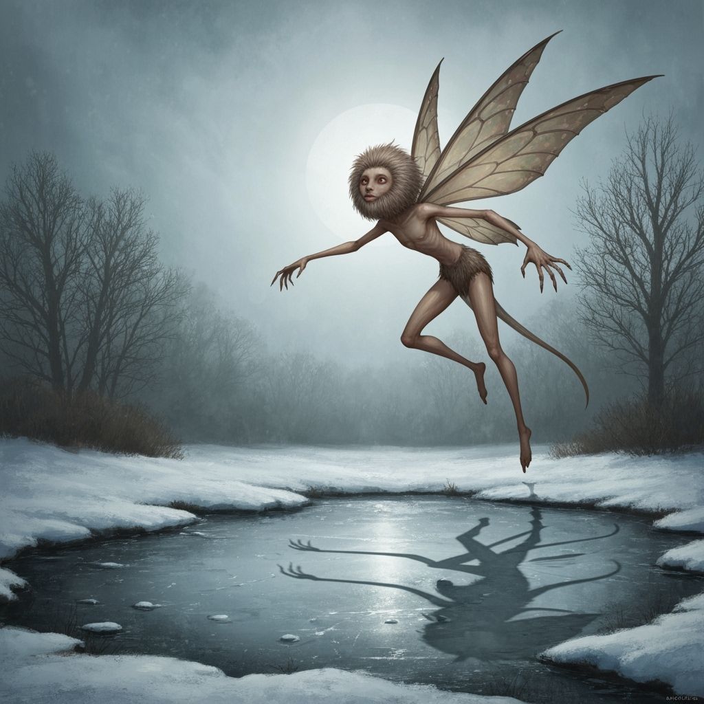 Fairy Creature Flies Above Frozen Winter Pond