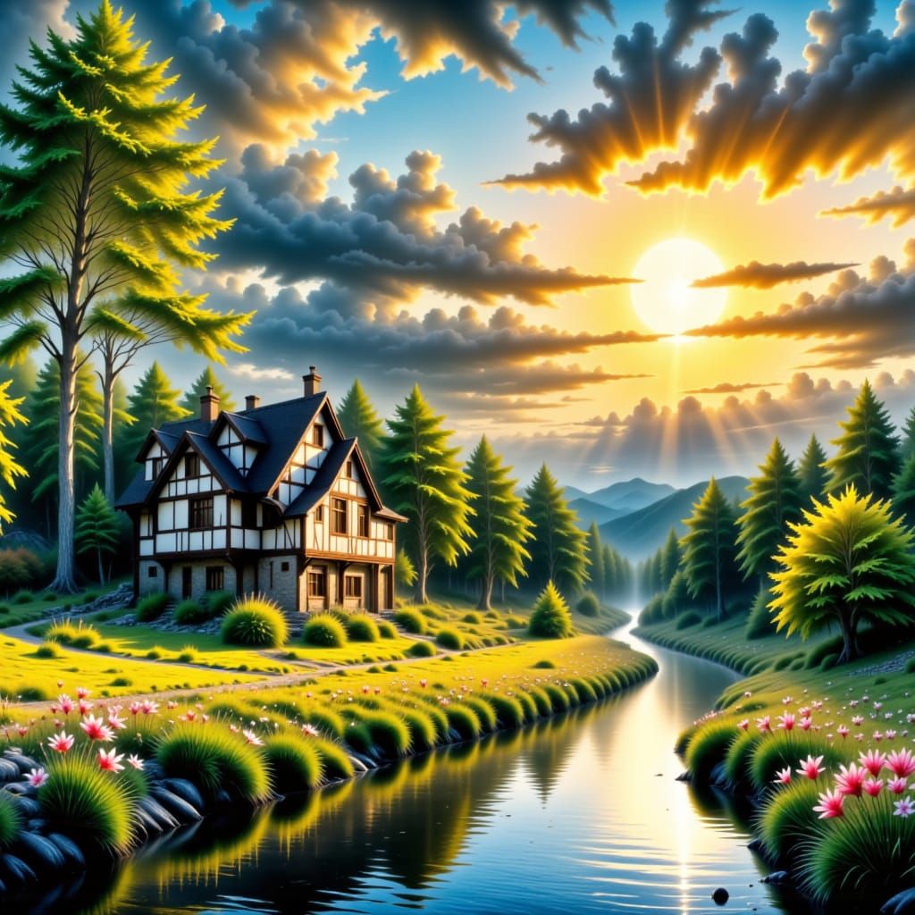 Idyllic Half-Timbered House in a Dreamlike Landscape