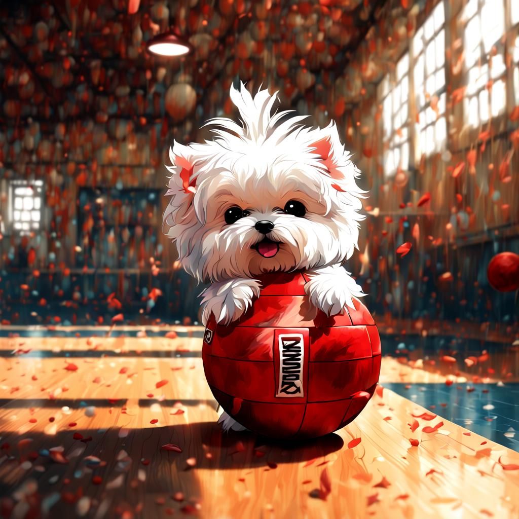 Maltese Dog Playing Dodgeball as 3D Render