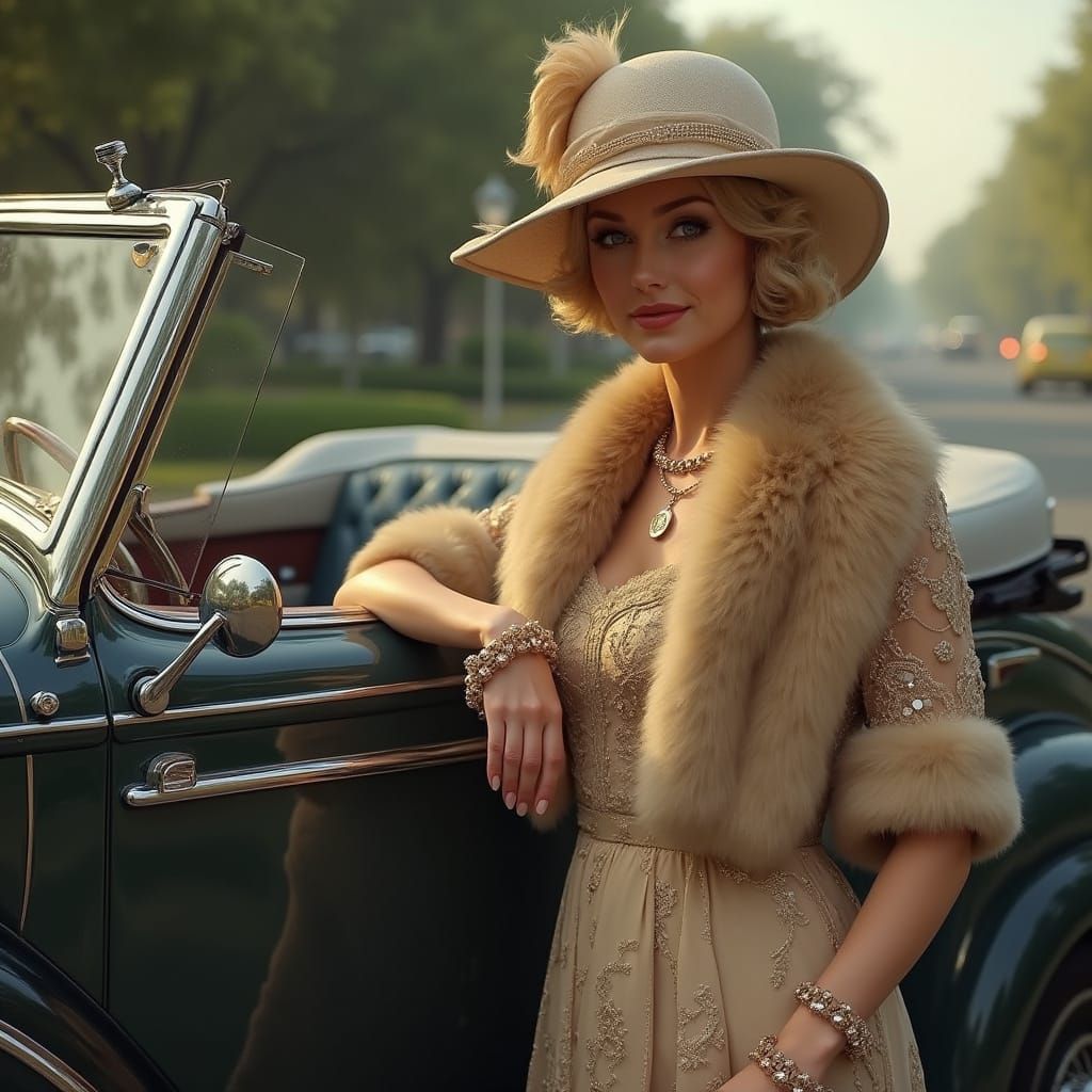 Elegant Woman with 1930 Cadillac in Art Deco Style