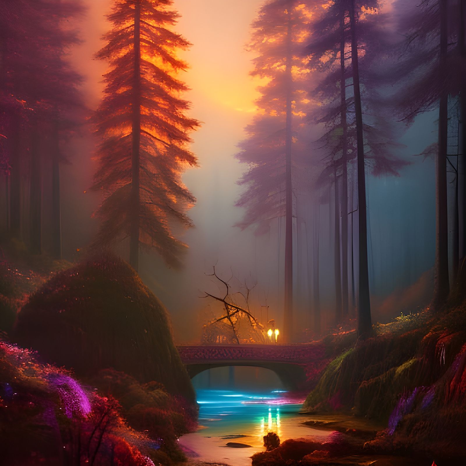 Enchanted Forest with Magical Lanterns, Graffiti Art