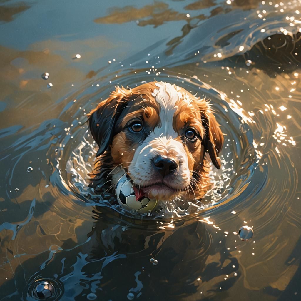 Playful Puppy Swimming: Concept Art Portrait