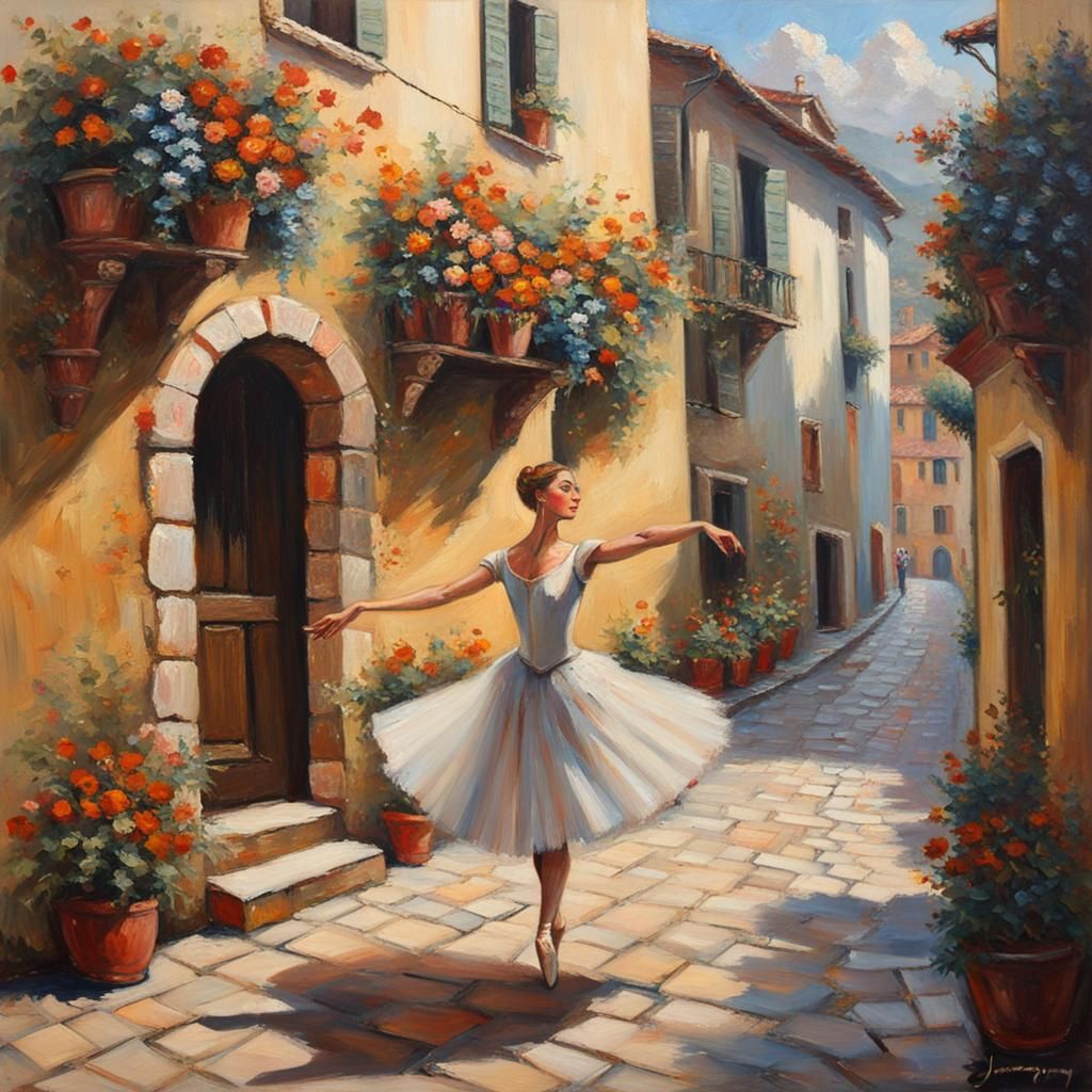 Ballerina Dances in Medieval Italy, Oil Painting