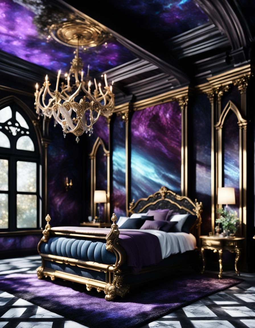 Ethereal gothic bedroom with purple labradorite walls with b...
