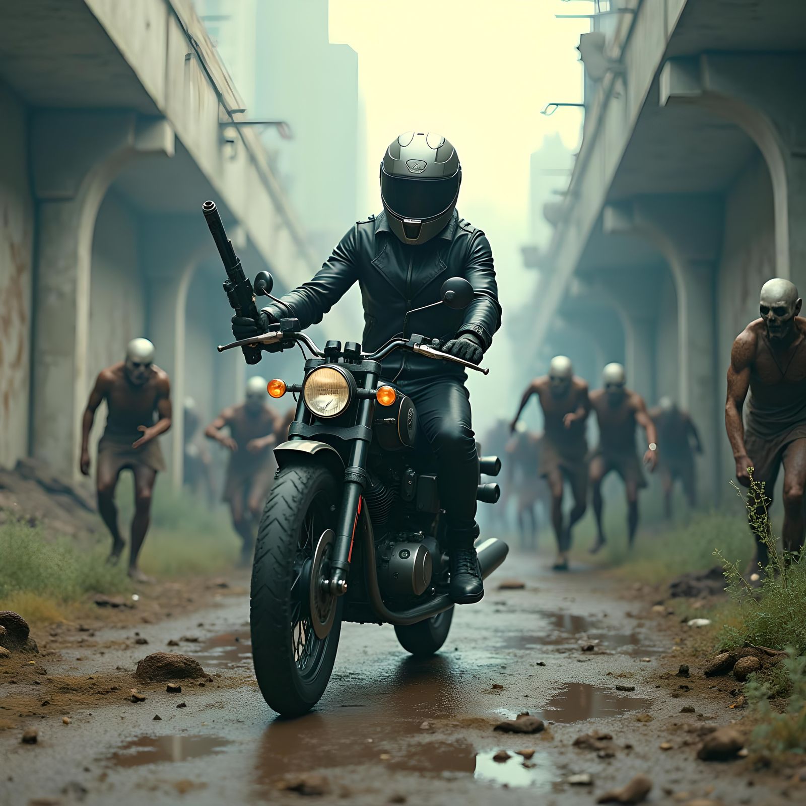 Motorcycle Rider Amidst Zombies in Detailed Matte Painting