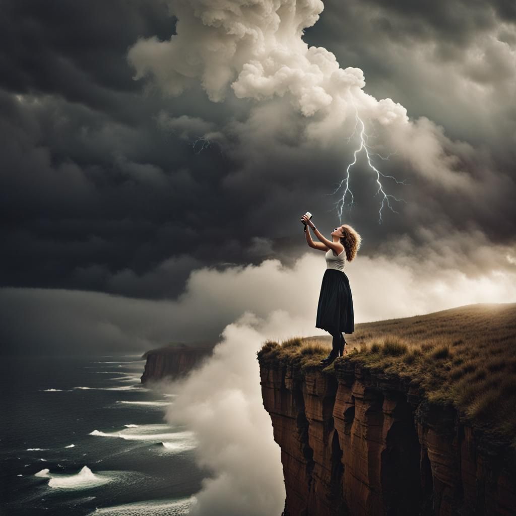 Woman Sings to Storm on Cliff Edge