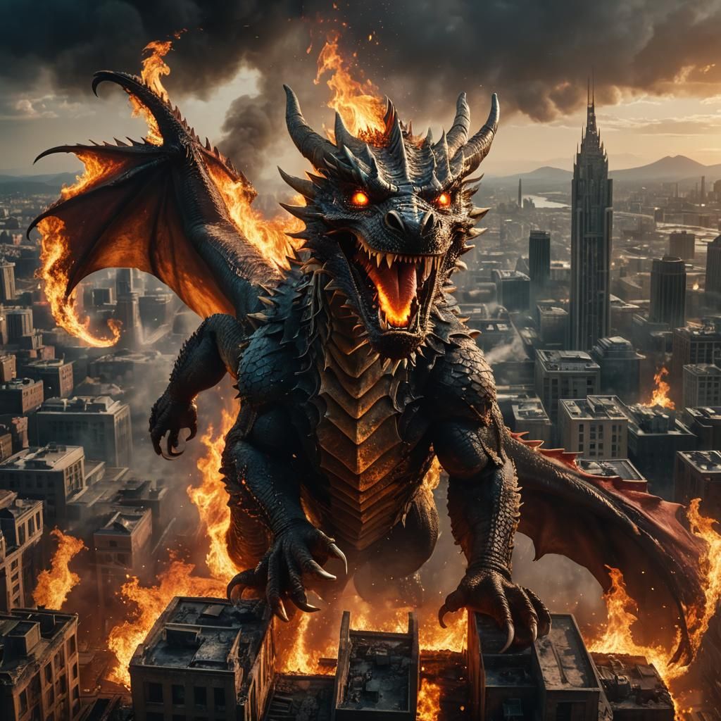 Fiery Dragon Portrait in Apocalyptic Cityscape