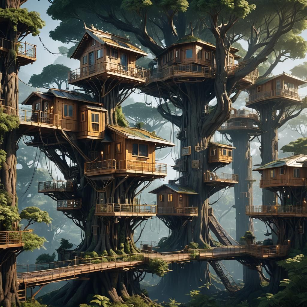 Futuristic Sci-Fi Treehouses with Intricate Mech Details