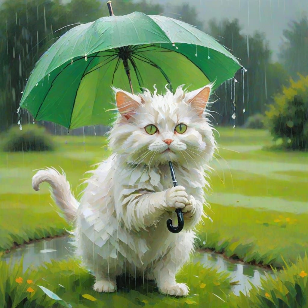 An Angora cat playing with an umbrella on a green lawn in the rain. expressionism lyrical abstraction