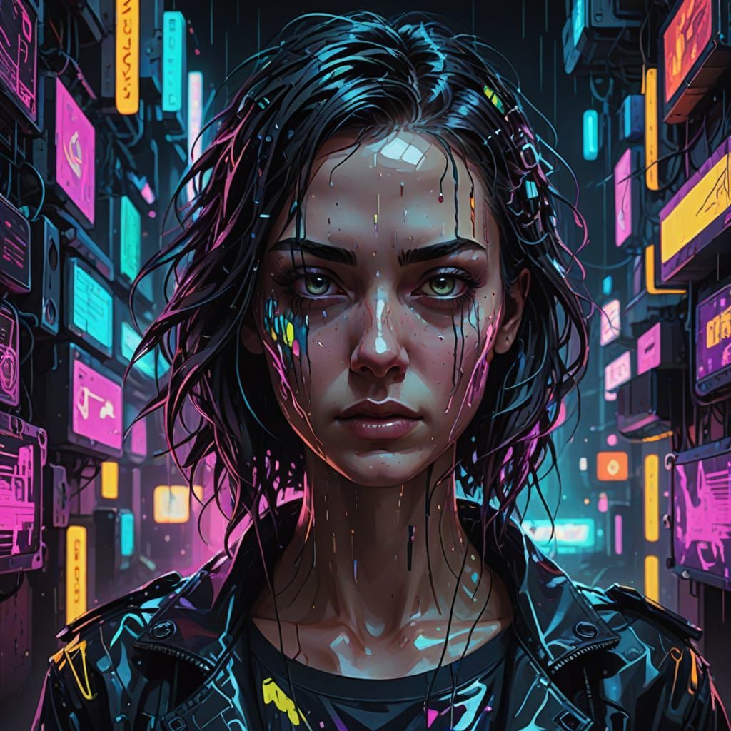 Cyberpunk Alley with Glitch Effects as Impasto Painting