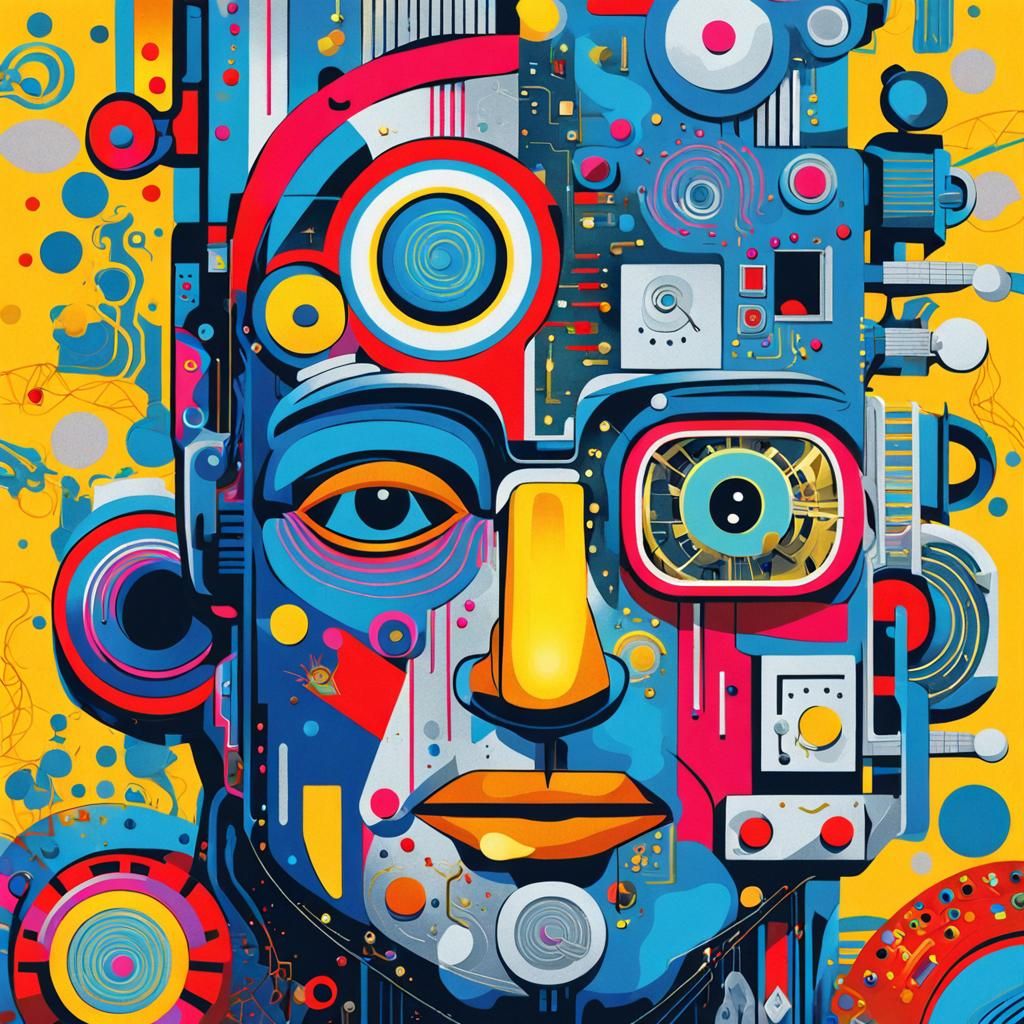 Psychedelic Cyborg Robot Concert in Pop Art Style