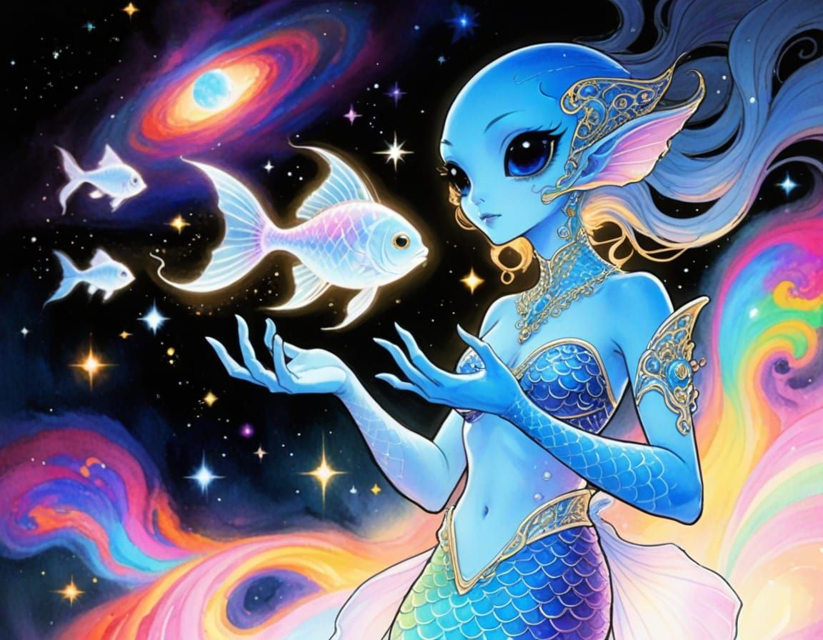 Alien Mermaid Princess in Cosmic Nebula, Watercolor & Ink