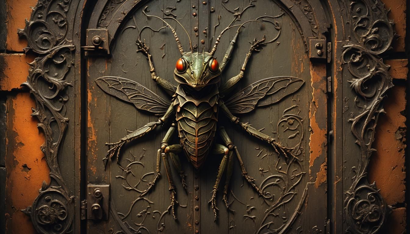Demonic Grasshopper Guardian in Dark Fantasy Illustration