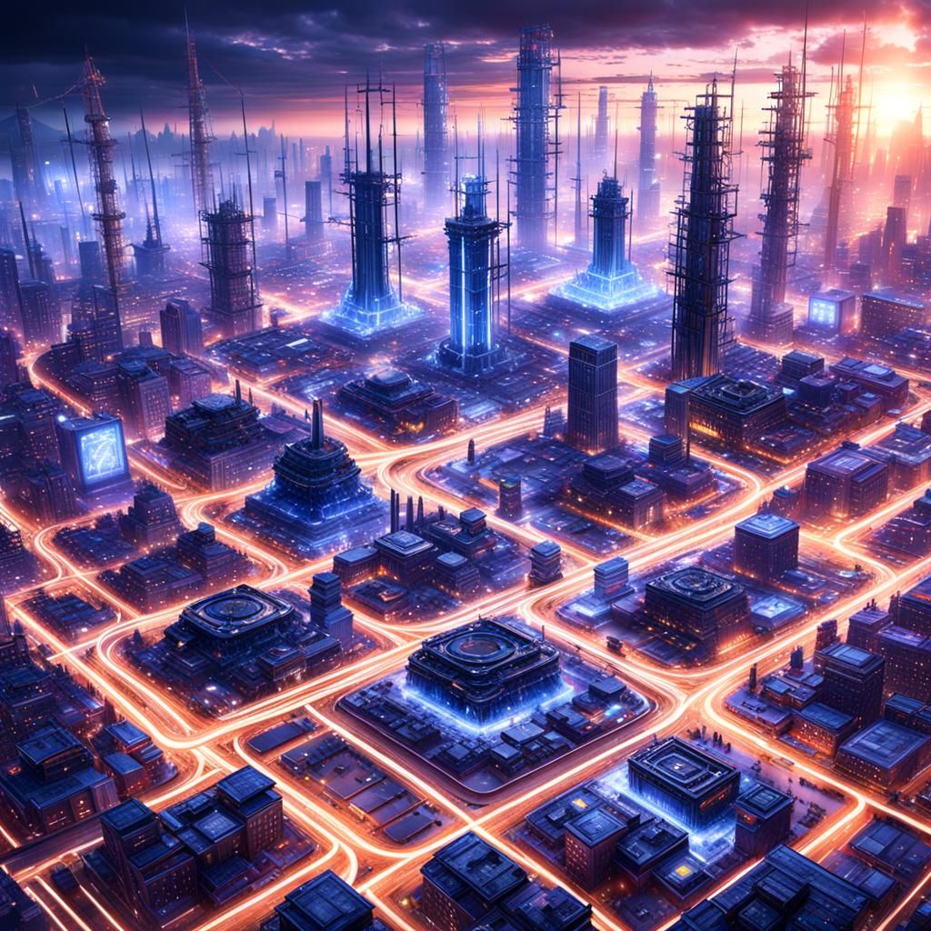 Detailed Electrical Grid Cityscape: Fantasy Concept Art