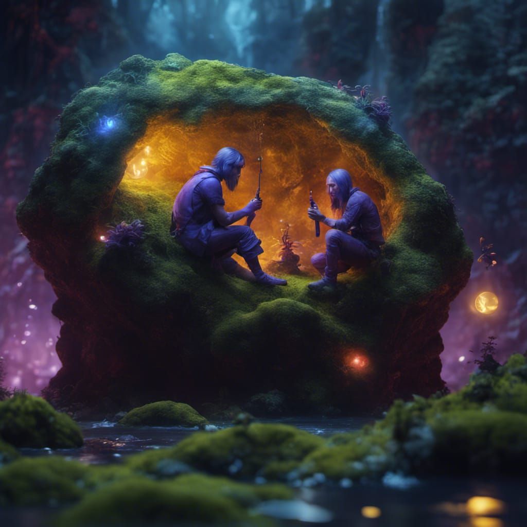 Purple Figures in a Yellow Cave, Detailed Matte Painting