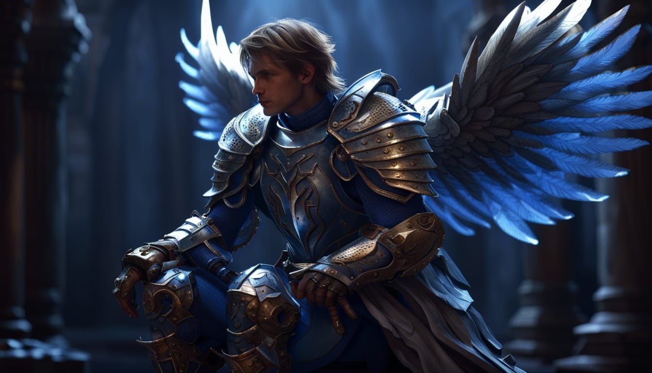 Winged Knight in Blue Armor: Dark Fantasy Art