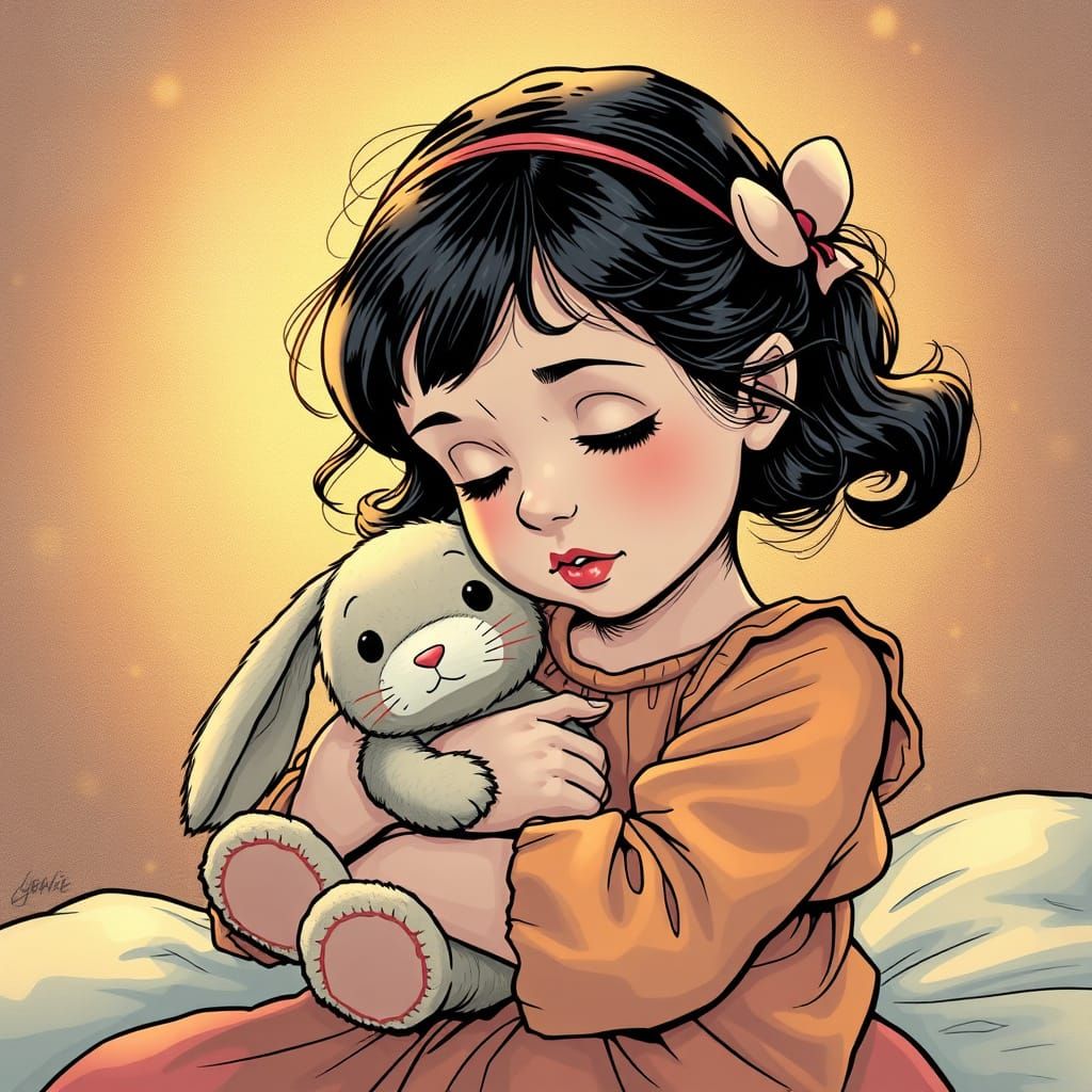 Little Girl Holding Her Beloved Stuffed Bunny in a Sweet Emb...