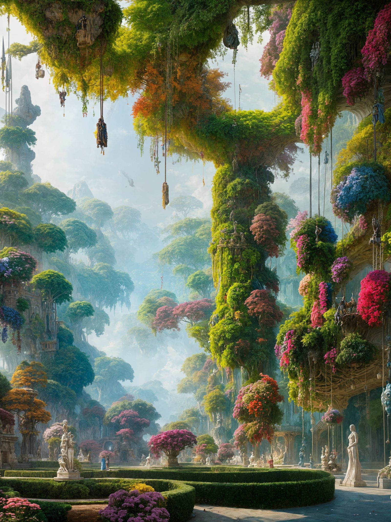 Epic Expressionist Hanging Gardens with Hyperdetailed Statue...