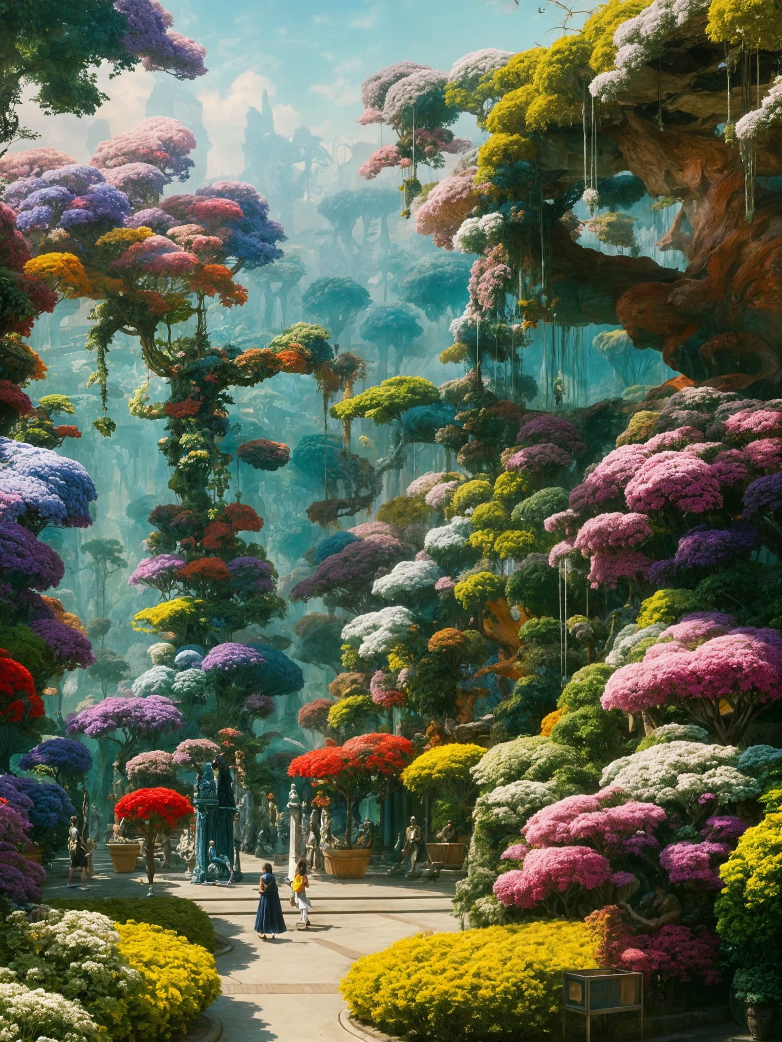 Epic Expressionist Hanging Gardens with Hyperrealistic Statu...