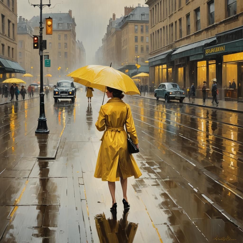 Woman in Yellow Dress Walking in Rain as Oil Painting