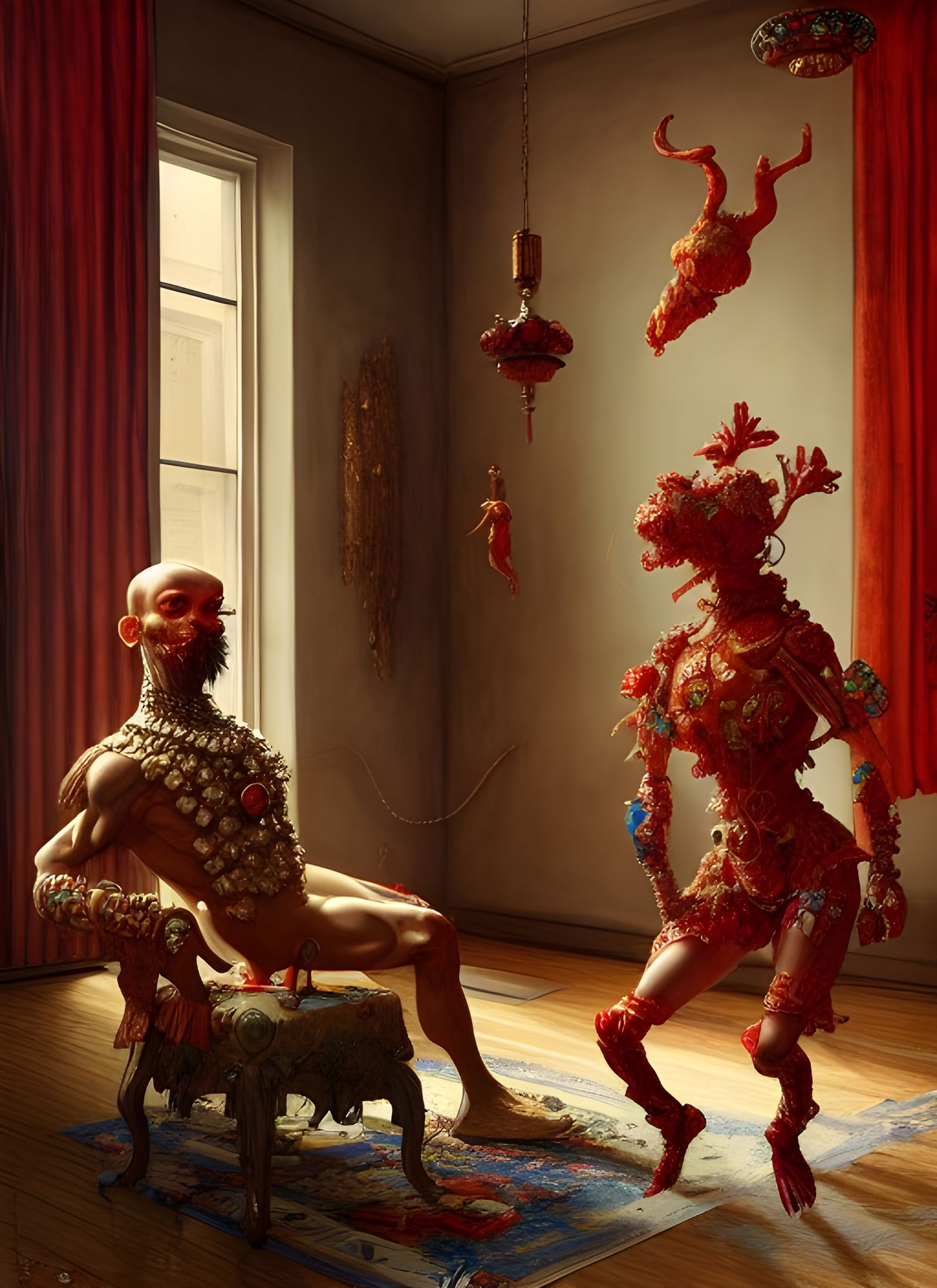 Intricate Modern Room with Ethereal Being, Digital Art