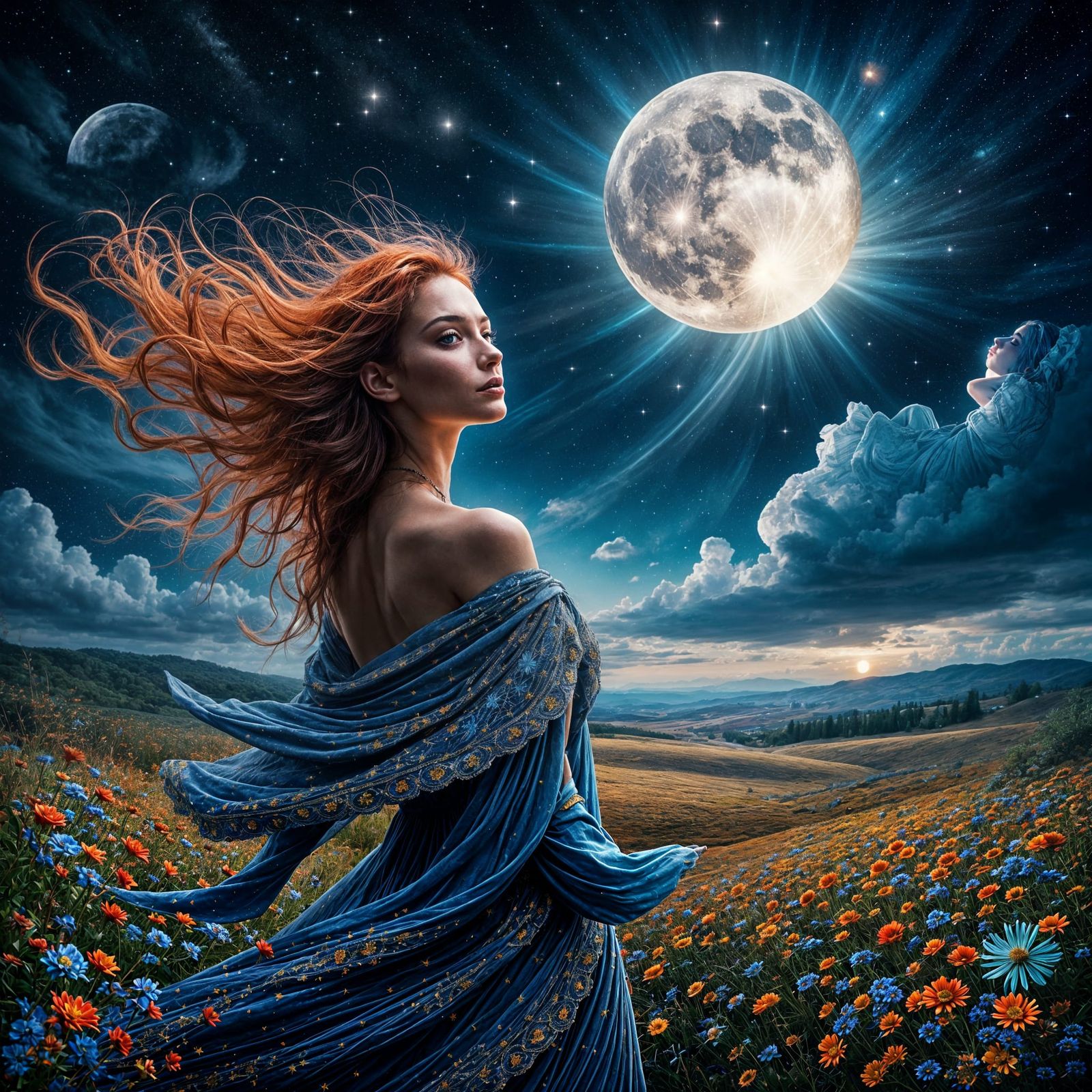 Gypsy in Blue Dress Under Starry Night, Hyperrealism