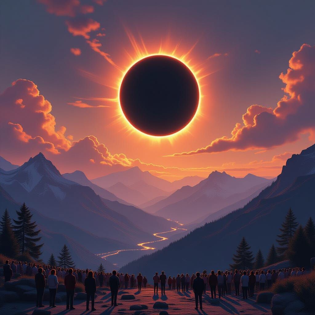Spectacular Solar Eclipse Over Mountains in Fantasy Art Styl...