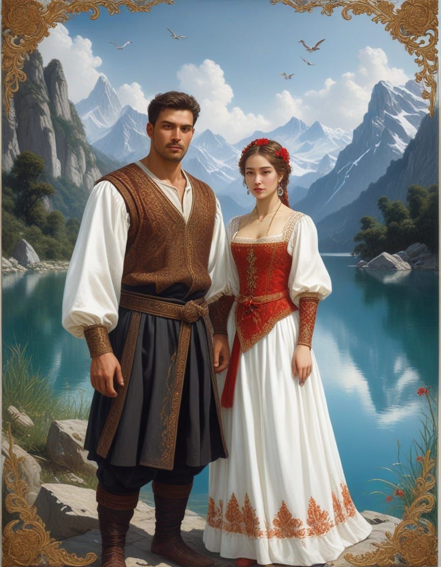 Serbian Gentleman and Maiden Beside a Crystal Lake with Chin...
